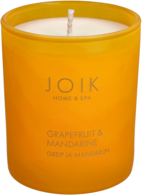 Yellow jar candle labeled with grapefruit and mandarine scent from JOIK Home & Spa.