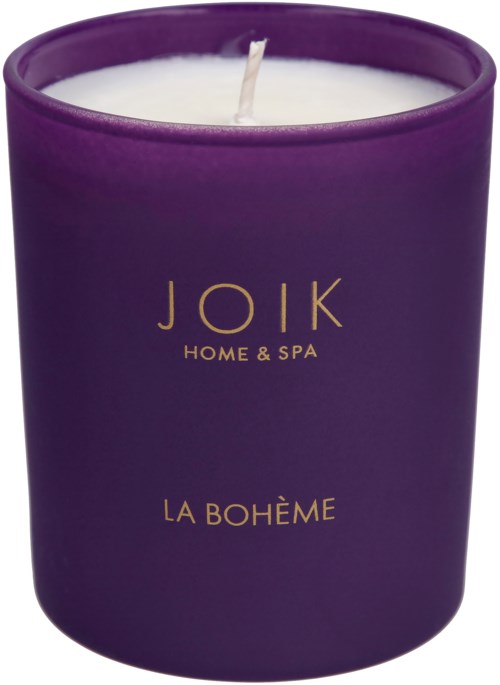 A purple candle jar with gold text: JOIK HOME & SPA and LA BOHÈME.
