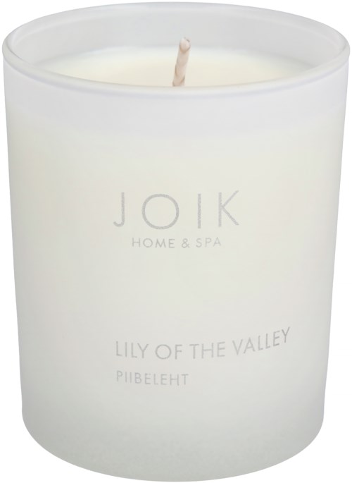 A white candle in a simple jar with light gray text, labeled 'Joik Home & Spa' and scent 'Lily of the Valley'.