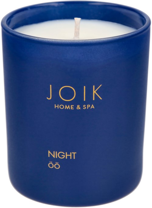 A blue candle jar labeled 'JOIK HOME & SPA NIGHT' with two dots and a candle wick inside.