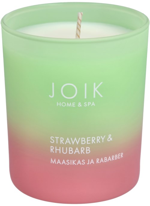 A pastel-colored candle with pink and green blending, labeled with scent as strawberry, rhubarb, and raspberry.