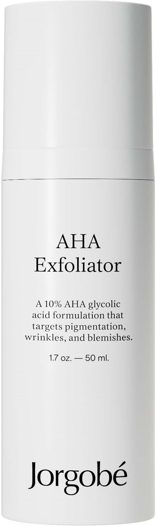 Witte fles Jorgobé AHA Exfoliator met 10% glycolzuur, gericht op huidvernieuwing.