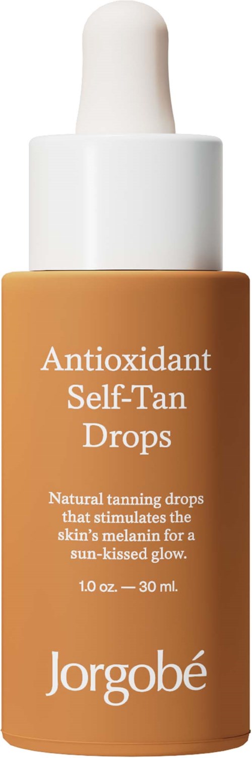 A brown bottle with a white dropper cap, labeled 'Antioxidant Self-Tan Drops' by Jorgobé.