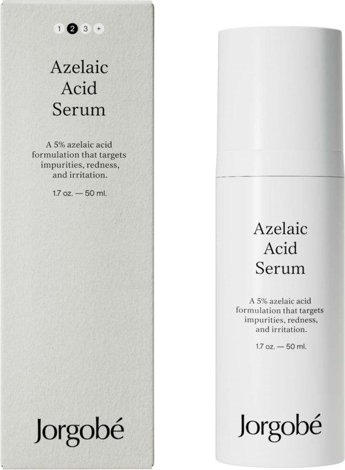 Een witte fles en doos voor Azelaic Acid Serum van Jorgobé, met minimale tekst over het gebruik.