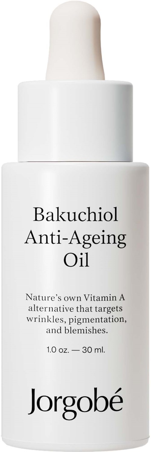 Een witte fles Bakuchiol Anti-Ageing Oil door Jorgobé met pipettendop.