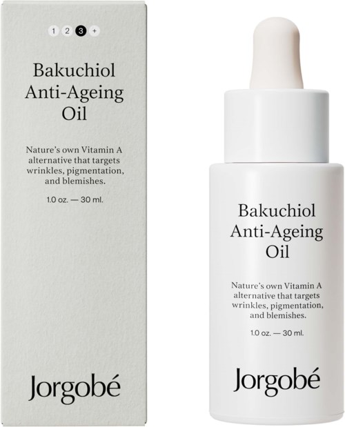 Een witte fles met pipet naast een bijpassende doos. Beide labelen Bakuochiol Anti-Ageing Oil door Jorgobé.