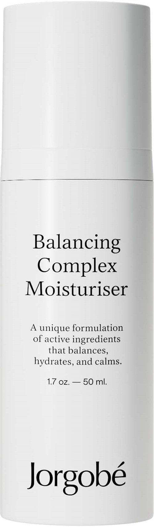 Een witte fles met zwarte tekst, gelabeld als Balancing Complex Moisturiser door Jorgobé, 50 ml.