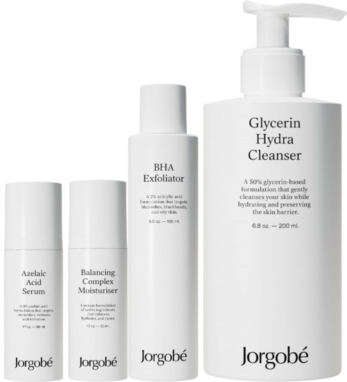 Drie huidverzorgingsflessen met labels Azelaic Acid Serum, BHA Exfoliator en Glycerin Hydra Cleanser. Alle zijn wit met zwarte tekst.