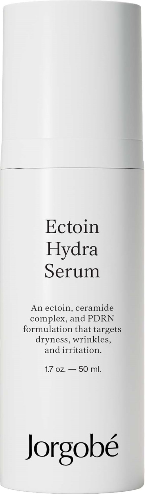Een witte fles Jorgobé Ectoin Hydra Serum met pomp. Het helpt bij droogheid, rimpels en irritatie.