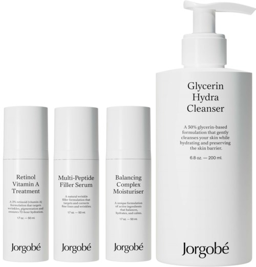 Een set huidverzorgingsproducten met reiniger, moisturizer, serums en behandelingen van Jorgobé.