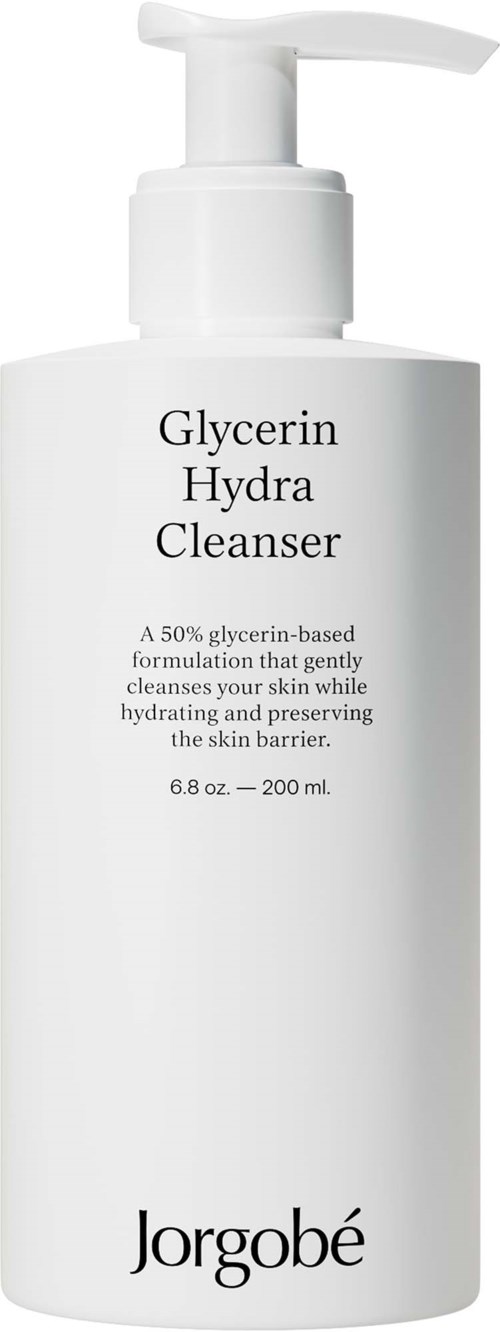 Een witte fles met pomp aangeduid 'Glycerin Hydra Cleanser' van Jorgobé, 200 ml.