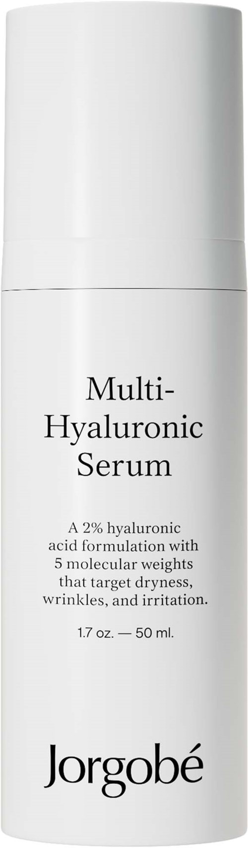 Een witte fles met 'Multi-Hyaluronic Serum' van Jorgobé, bevat 50 ml huidverzorgingsproduct.