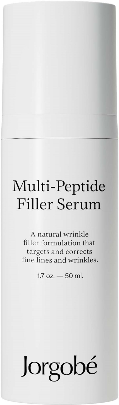 Een witte fles met de tekst 'Multi-Peptide Filler Serum' door Jorgobé, beschreven als rimpelfiller voor de huid.