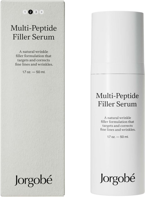 Een witte fles en doos met 'Multi-Peptide Filler Serum' van Jorgobé, bedoeld voor huidverzorging om rimpels te verminderen.