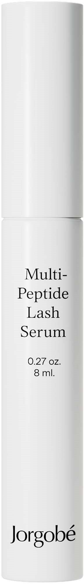Valkoinen pullo, jossa lukee 'Multi-Peptide Lash Serum' ja brändi 'Jorgobé'.