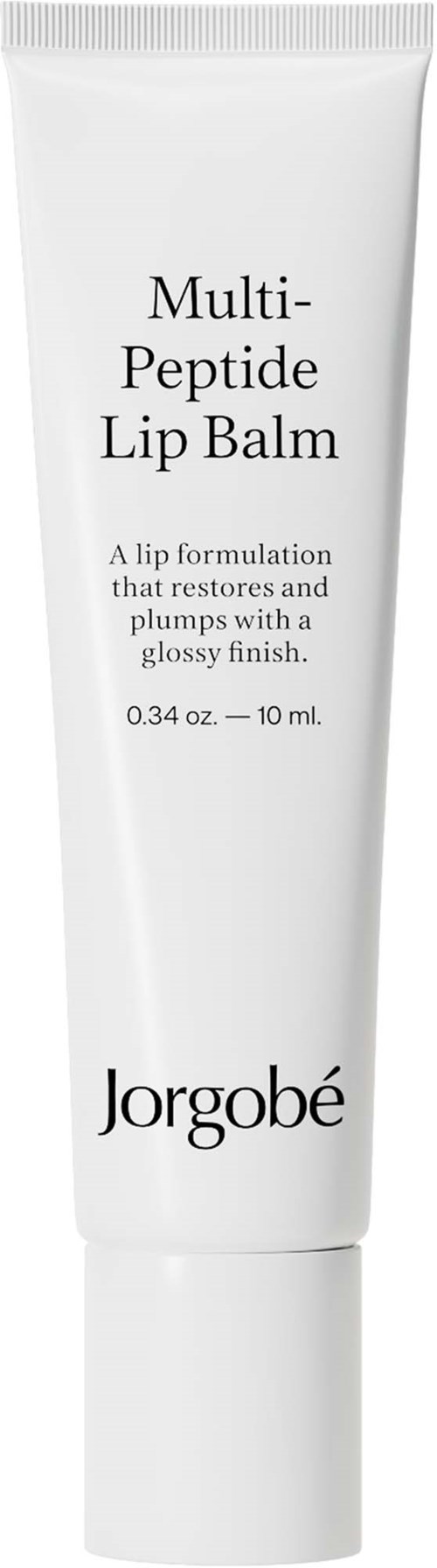Witte tube met label Multi-Peptide Lip Balm door Jorgobé, beschrijft het herstellen en opzwellen van lippen met glanzende afwerking.