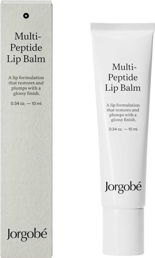 Een witte tube en doos met zwarte tekst; lippenbalsem genaamd Multi-Peptide Lip Balm van Jorgobé.