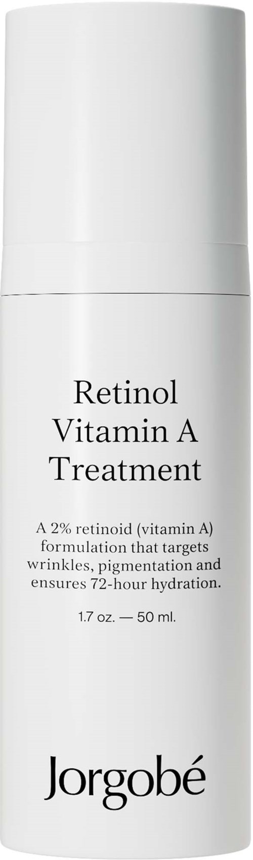 Een witte fles met het label 'Retinol Vitamin A Treatment' van Jorgobé, met 50 ml huidverzorgingsproduct.
