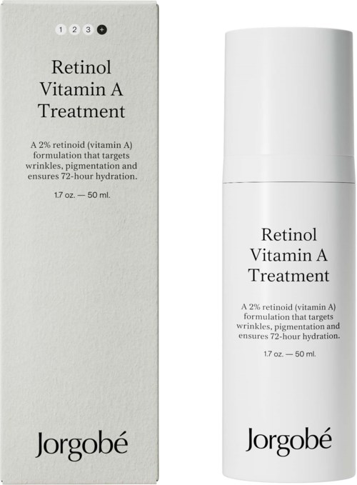 Retinol Vitamine A behandeling fles en doos, tonen productdetails en merknaam Jorgobé.