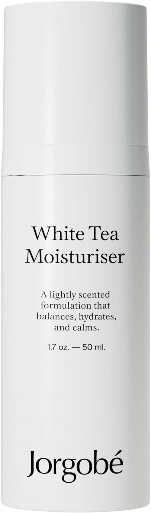 Een witte fles met de tekst 'White Tea Moisturiser' door Jorgobé. Het is een huidverzorgingsproduct met een eenvoudig ontwerp.