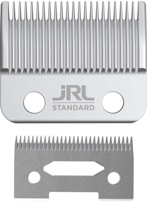 Zwei Metall-Schneidklingen, eine größere mit Zähnen, eine kleinere, sind gezeigt. Die größere Klinge hat "JRL STANDARD" geschrieben.