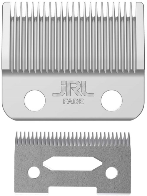 A pair of hair clipper blades, one large with teeth and one smaller with finer teeth, branded JRL FADE.