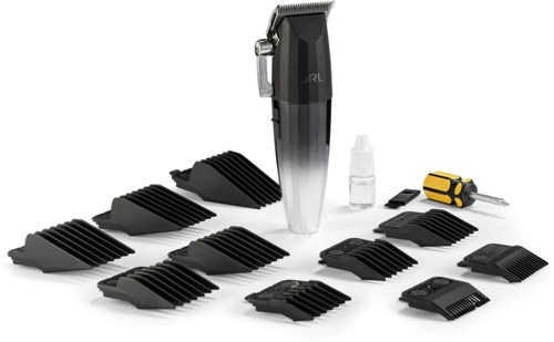 A set of hair trimmer heads, a trimmer, a small oil bottle, a screwdriver, and a black clipper adjustment tool.