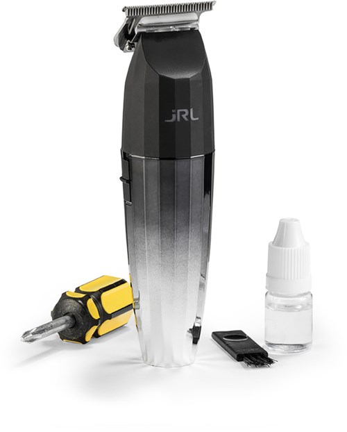 A hair clipper set with a main clipper, small screwdriver, oil dropper, and cleaning brush.