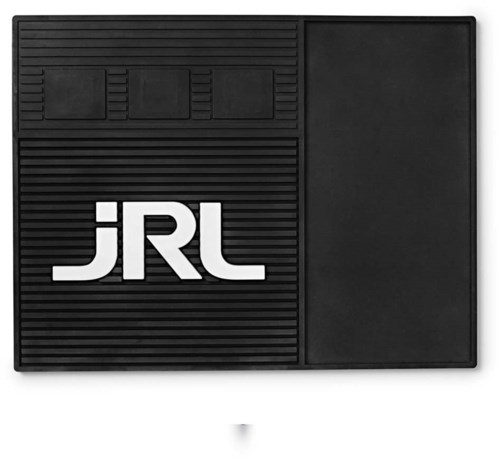 A black doormat with white letters 'JRL' and divided sections, one large plain, one with small rectangular sections.