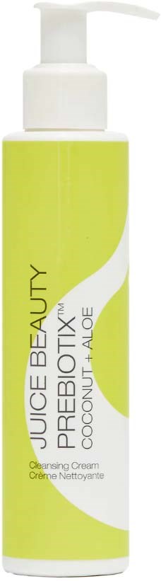 En vit och grön flaska av rengöringskräm med pump, märkt Prebiotix Coconut Aloe, från Juice Beauty.