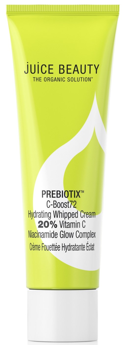 Ljusgrön tub med vit och svart text för Juice Beauty Prebiotix Hydrogel med C-vitamin.