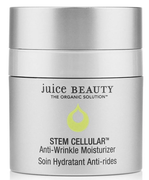 A white jar labeled 'Juice Beauty' with a yellow drop logo, containing stem cellular anti-wrinkle moisturizer.