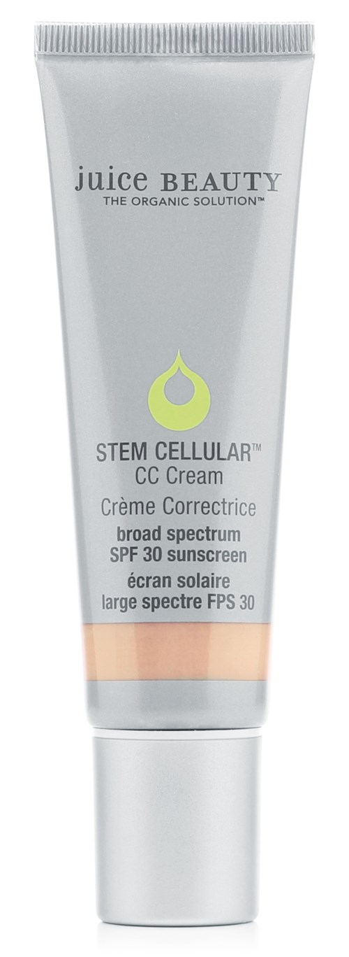 A white tube of Juice Beauty stem cellular CC cream with SPF 30, broad spectrum, for all skin types.
