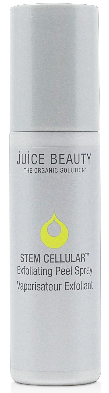 En vit flaska med en gul dropplogga. Den är märkt 'Stem Cellular Exfoliating Peel Spray' från Juice Beauty.