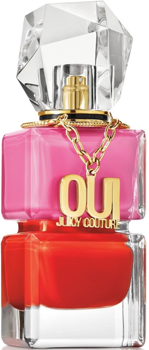 Kleurrijke parfumfles met een gouden ketting en grote gouden 'OU'-hanger. Fles is roze en rood met een doorzichtig glazen deksel.