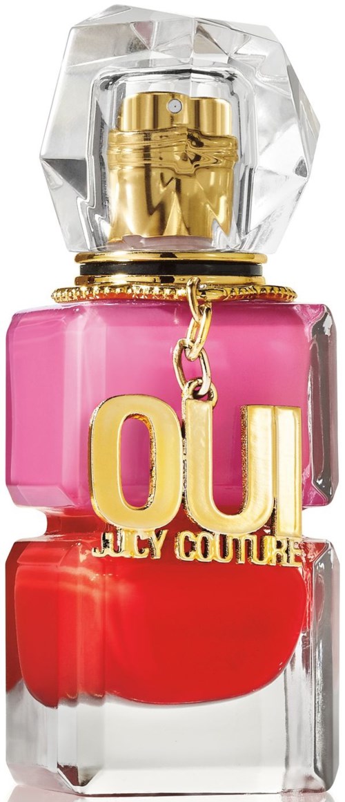 Een parfumfles met roze en rode nagellak erin, gelabeld 'OU JELLY COUTURE', met een heldere, diamantvormige dop.
