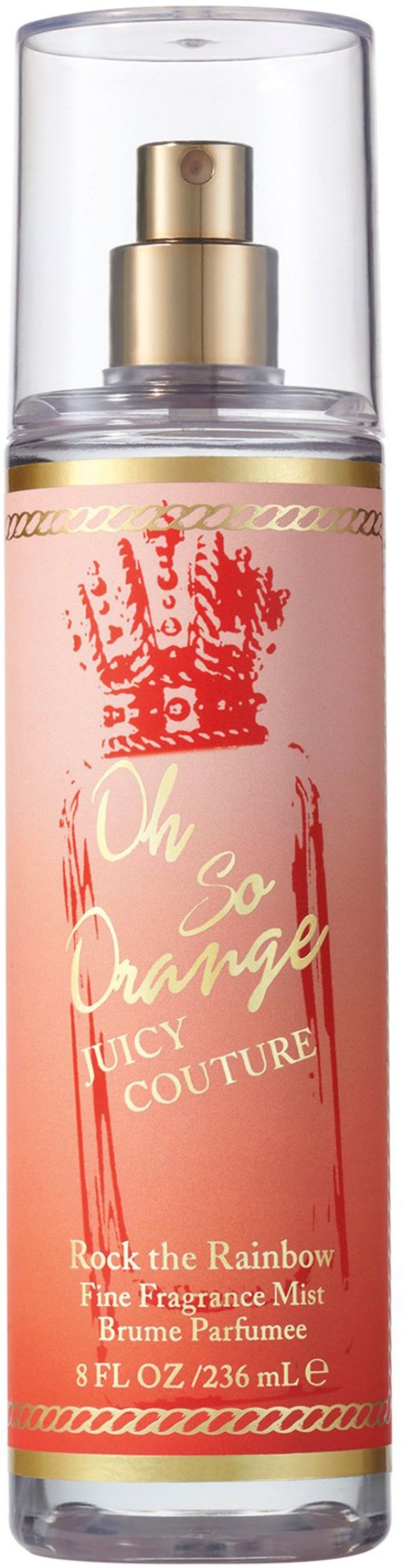 Een roze fles met een spraydop, labeled 'Oh So Orange' door Juicy Couture, bevat een geurmist.