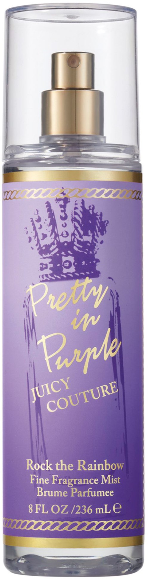 Een paarse sprayfles met een gouden dop en tekst, gelabeld "Pretty in Purple" Juicy Couture, parfum.