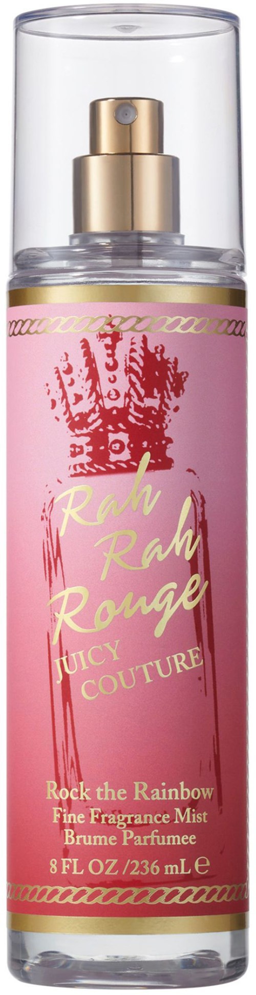 Een roze geurmistfles met een gouden spraydop, rood kroonlogo en goud- en rode tekst op het label.