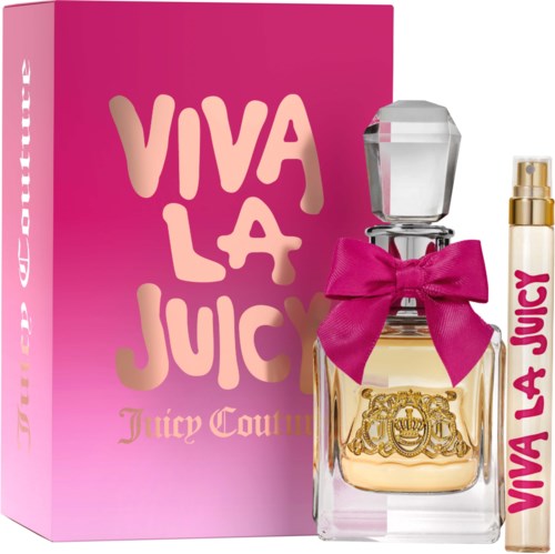 A perfume bottle with a pink ribbon and a Juicy Couture logo, placed in front of a pink box with the same logo.