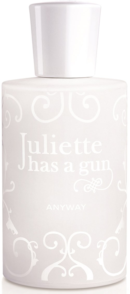 Weißer Flasche mit Schnörkeln, steht 'Juliette has a gun ANYWAY' in weißen Buchstaben.