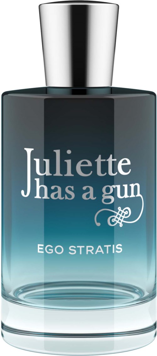Een parfumfles met label "Juliette Has a Gun" en "Ego Stratis." Eenvoudige glazen container met zilveren dop.