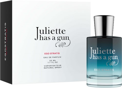 Ein Parfümflasche neben einer Verpackung, mit den Worten 'Juliette has a gun' und 'Ego Stratis'.
