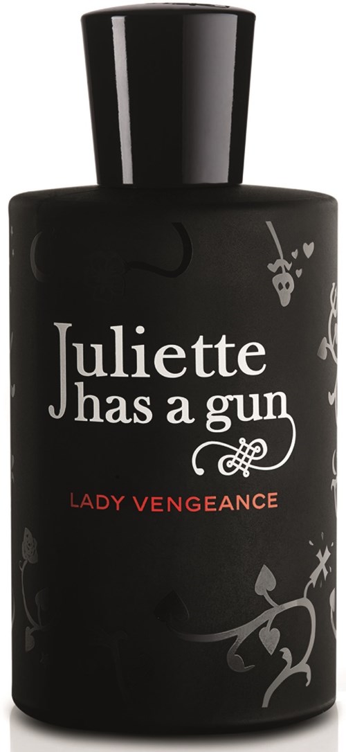 A black bottle labeled 'Juliette has a gun' with red text for 'Lady Vengeance' and small white decorative symbols.