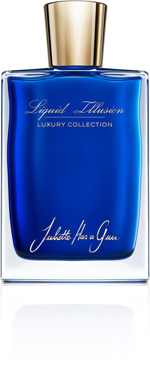 Blauwe parfumfles met gouden dop en witte tekst, onderdeel van een luxe collectie.