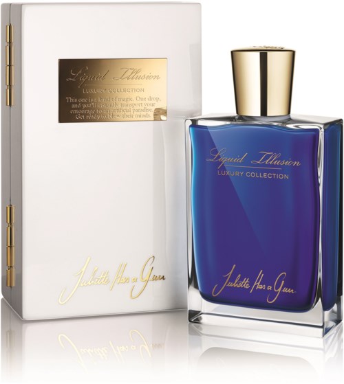 Een blauw parfumfles met gouden dop, gelabeld "Liquid Illusion Luxury Collection" en een wit doosje met vergelijkbare branding.