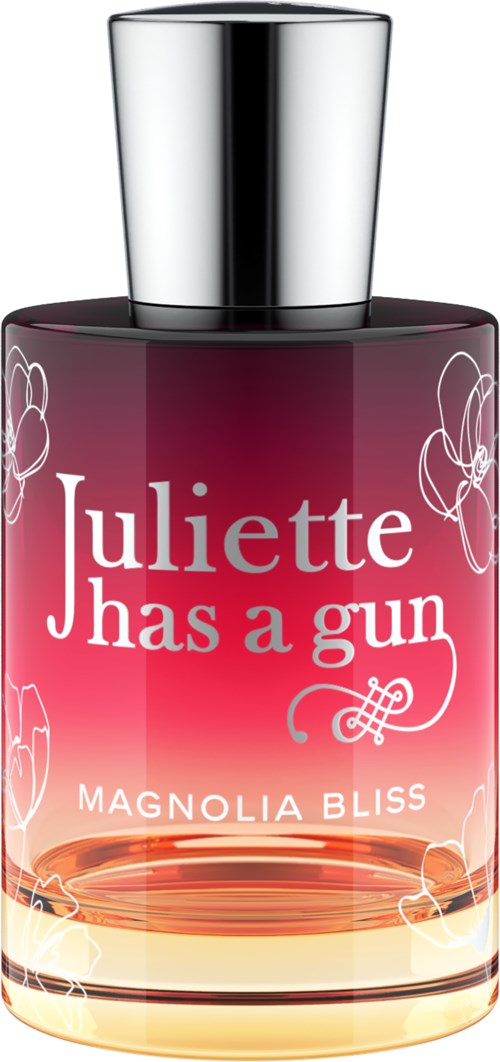 A perfume bottle with pink and orange gradient, white flowers, and the label "Juliette Has a Gun" and "Magnolia Bliss."