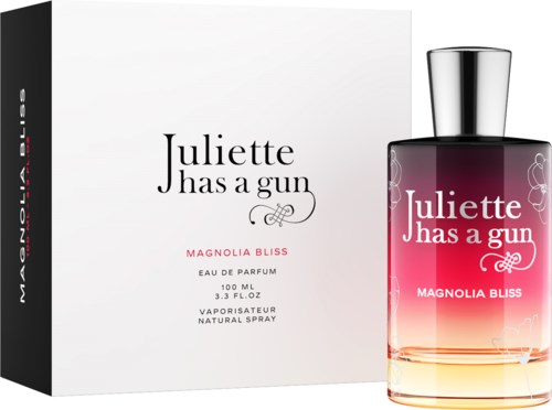 A perfume bottle with a gradient pink to dark purple color, next to a white box. Both have the name 'Juliette Has a Gun' and 'Magnolia Bliss.'