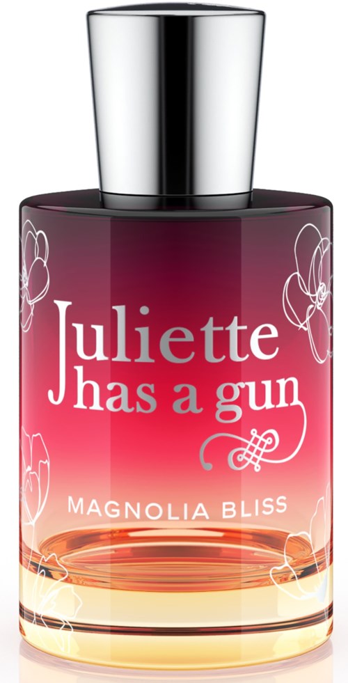 Een parfumfles met de tekst "Juliette has a gun", roze en witte bloemen en een zilveren dop.