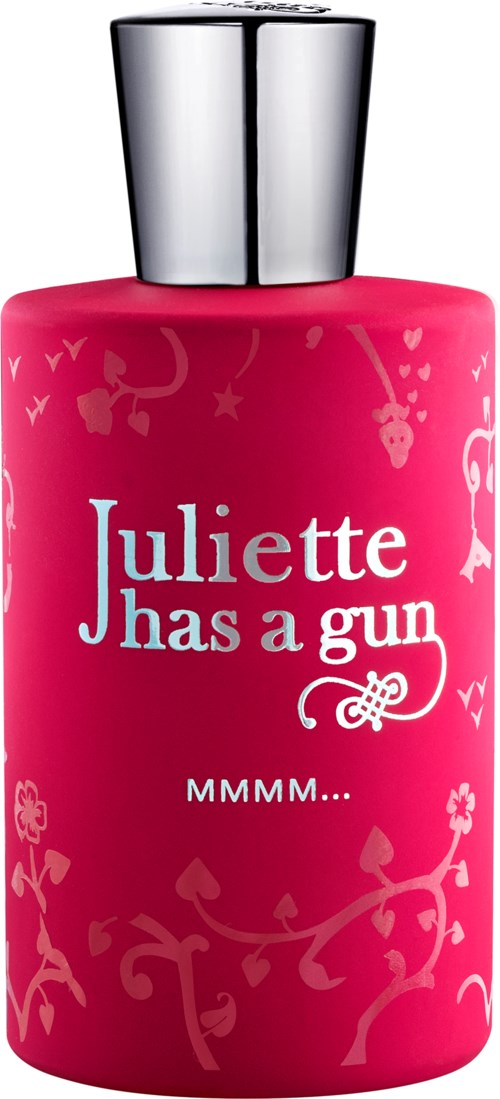 Pink bottle with white text and small, playful flower and heart designs, labeled "Juliette has a gun" and "MMMM...".